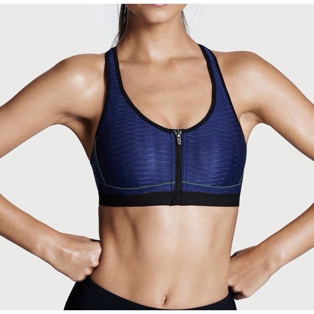 Victoria's Secret Sport Knockout Bra 32DDD Blue Green Zip Front Underwire Inside